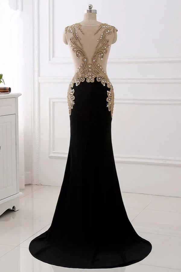 Dress V-Neck Sleeveless Mermaid Evening Dresses Gold Appliques With Crystals Prom Dress