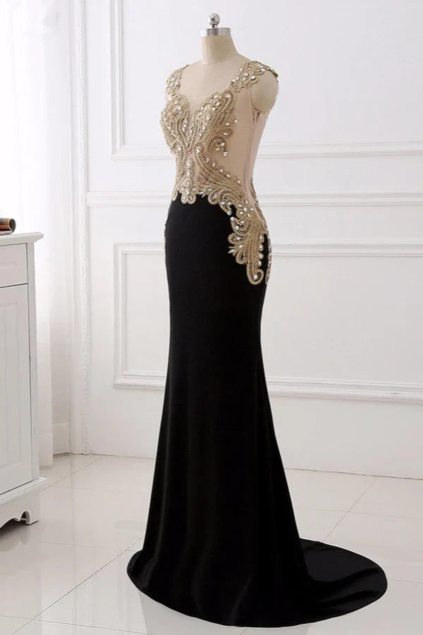 Dress V-Neck Sleeveless Mermaid Evening Dresses Gold Appliques With Crystals Prom Dress
