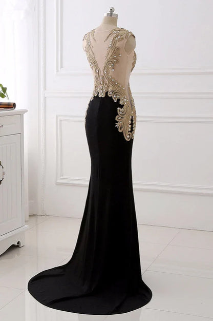 Dress V-Neck Sleeveless Mermaid Evening Dresses Gold Appliques With Crystals Prom Dress
