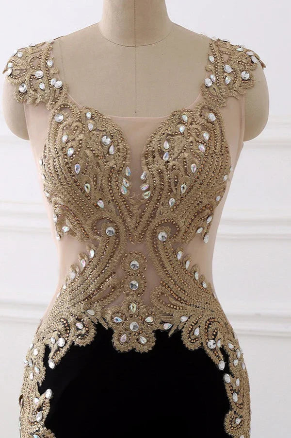 Dress V-Neck Sleeveless Mermaid Evening Dresses Gold Appliques With Crystals Prom Dress