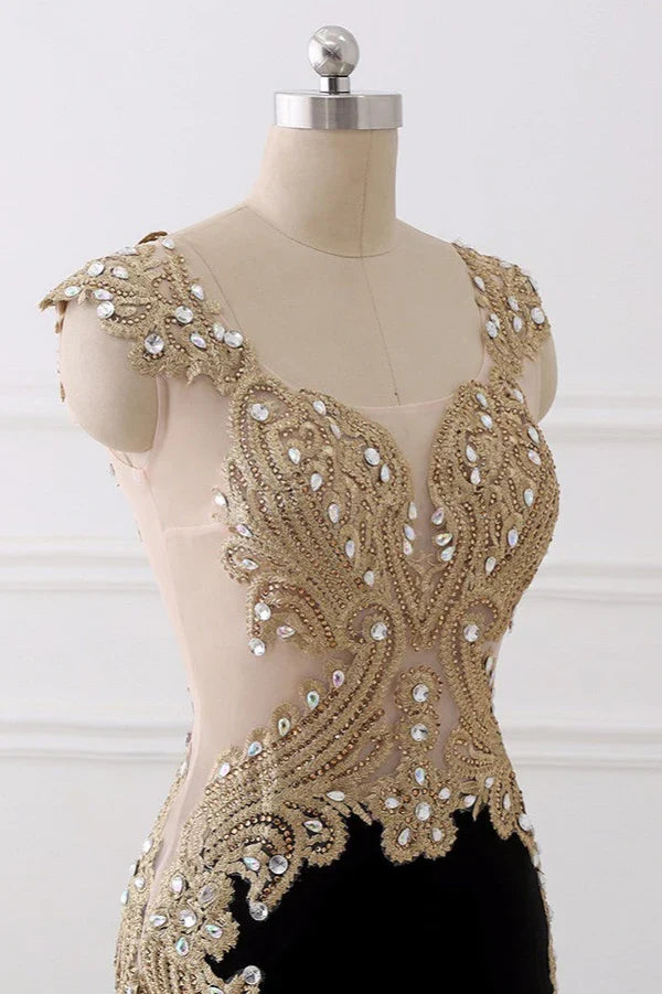Dress V-Neck Sleeveless Mermaid Evening Dresses Gold Appliques With Crystals Prom Dress