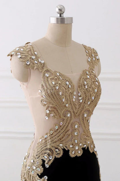 Dress V-Neck Sleeveless Mermaid Evening Dresses Gold Appliques With Crystals Prom Dress