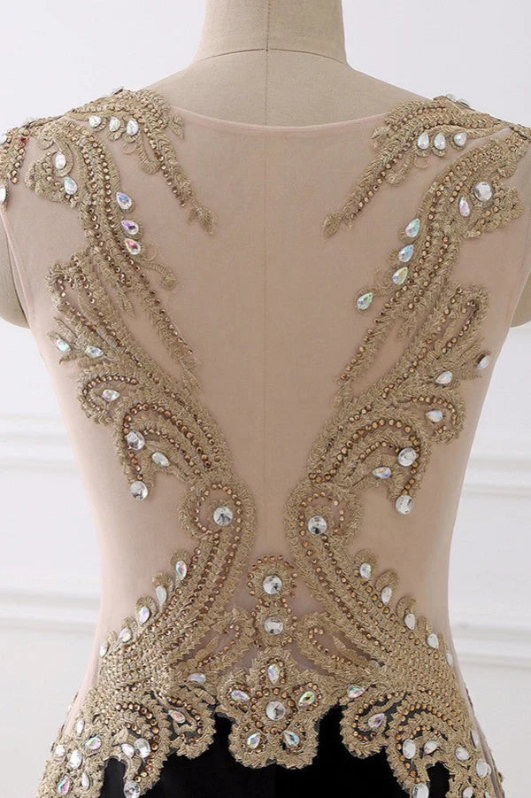 Dress V-Neck Sleeveless Mermaid Evening Dresses Gold Appliques With Crystals Prom Dress
