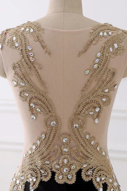 Dress V-Neck Sleeveless Mermaid Evening Dresses Gold Appliques With Crystals Prom Dress