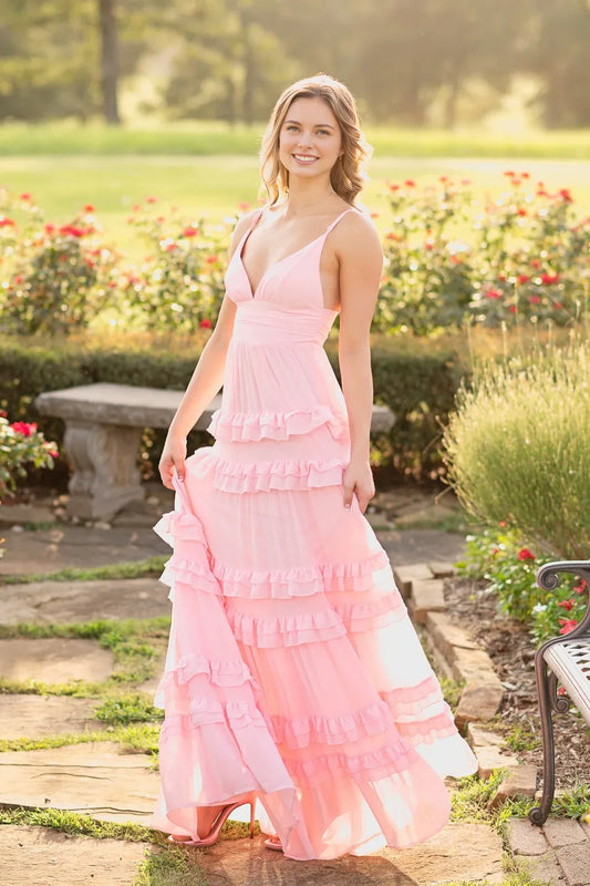 Dress V-neck Pink Ruffle Hem Chiffon Bridesmaid Dress Prom Dress