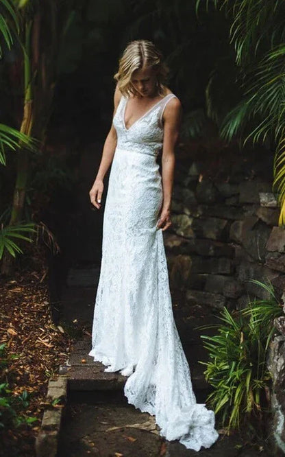 Dress V-neck V Back Lace Vintage Backless Sheer Casual Wedding Dress
