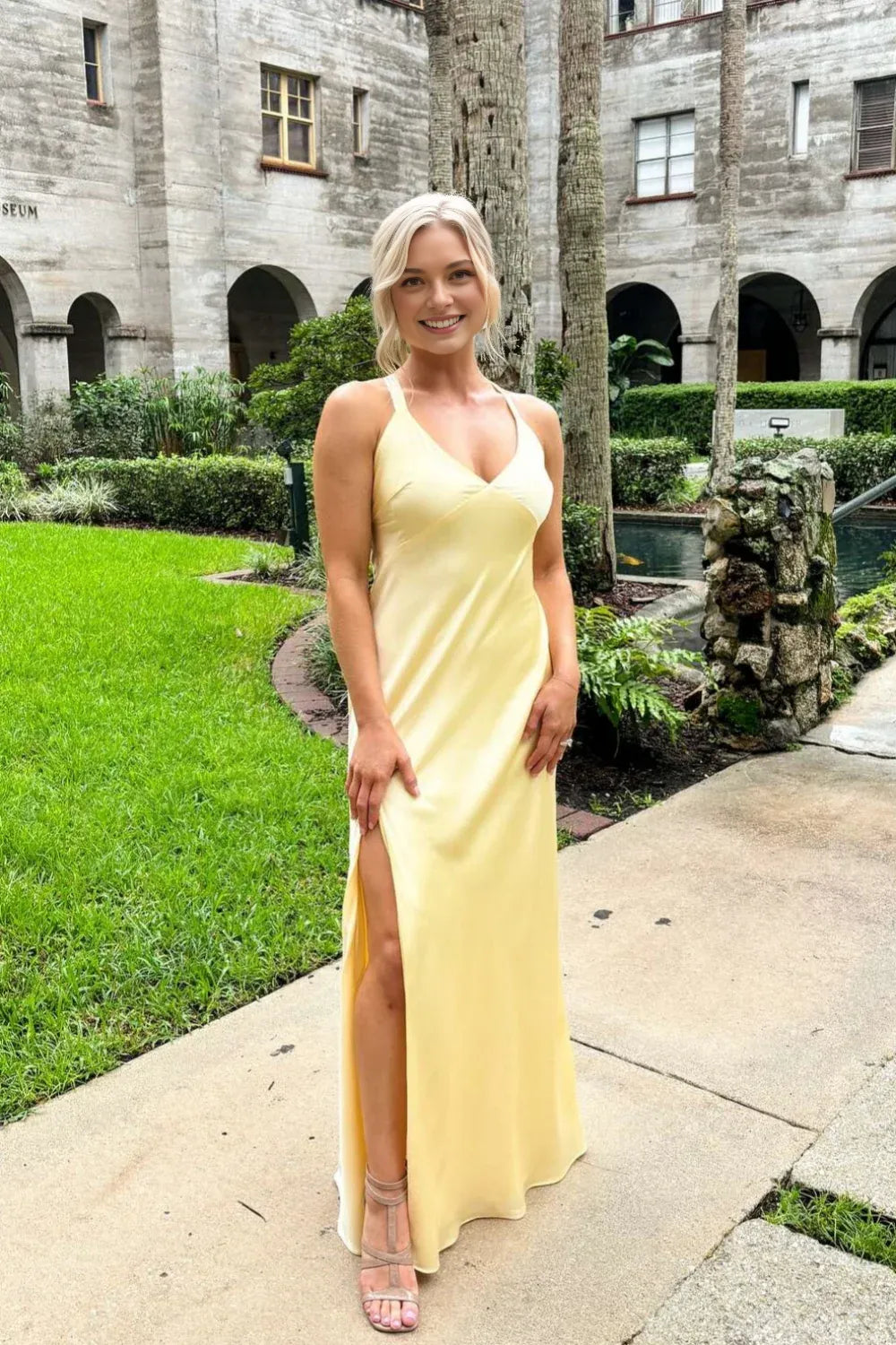 Dress V-neck Yellow Satin Long Dress with Slit Prom Dress