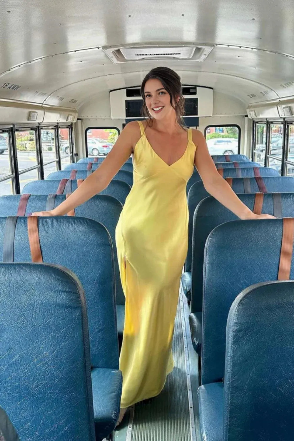 Dress V-neck Yellow Satin Long Dress with Slit Prom Dress