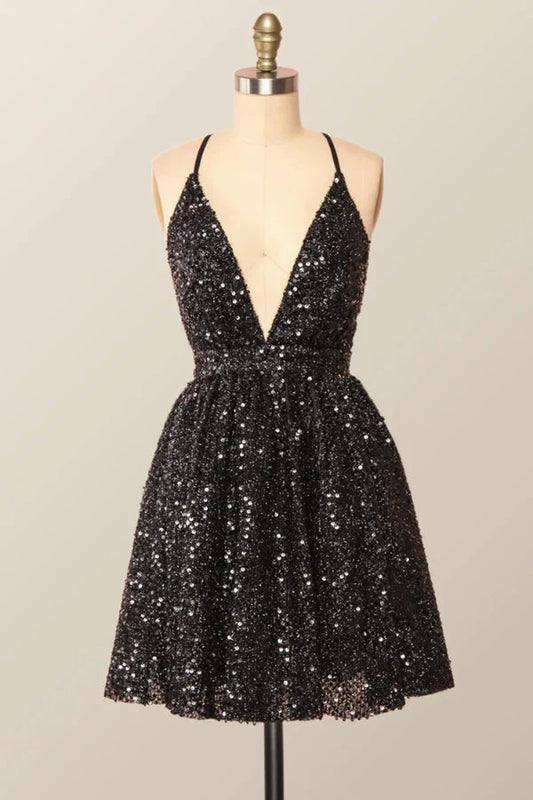 Dress V Neck Black Sequin A-line Short Party Dress Crisscross Back Homecoming Dress