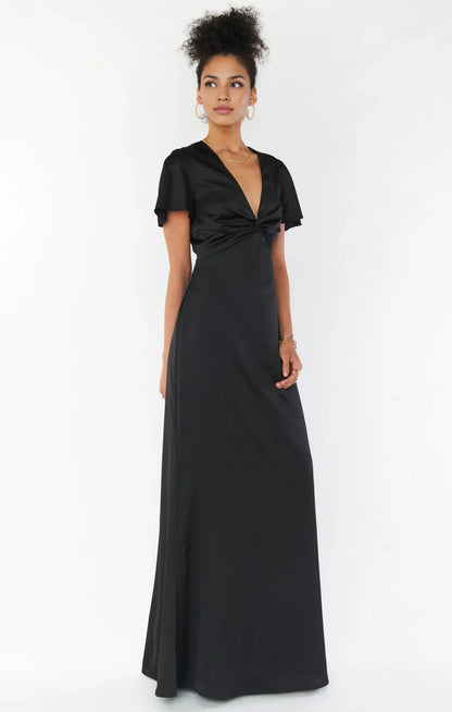 Dress V Neck Sage Short Sleeve Maxi Dress Column Satin Solid Color Full Coverage Simple Prom Dress