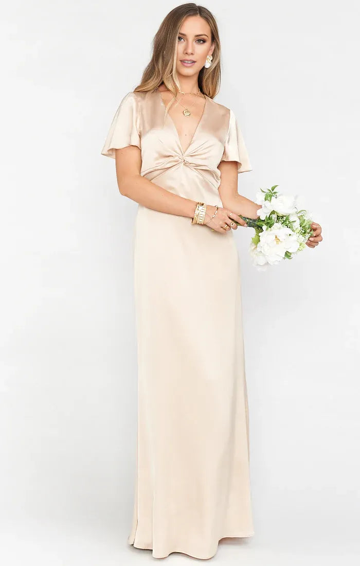 Dress V Neck Sage Short Sleeve Maxi Dress Column Satin Solid Color Full Coverage Simple Prom Dress