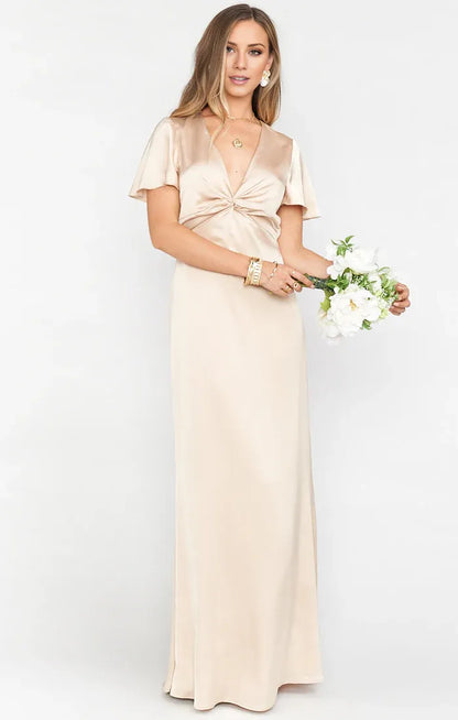 Dress V Neck Sage Short Sleeve Maxi Dress Column Satin Solid Color Full Coverage Simple Prom Dress