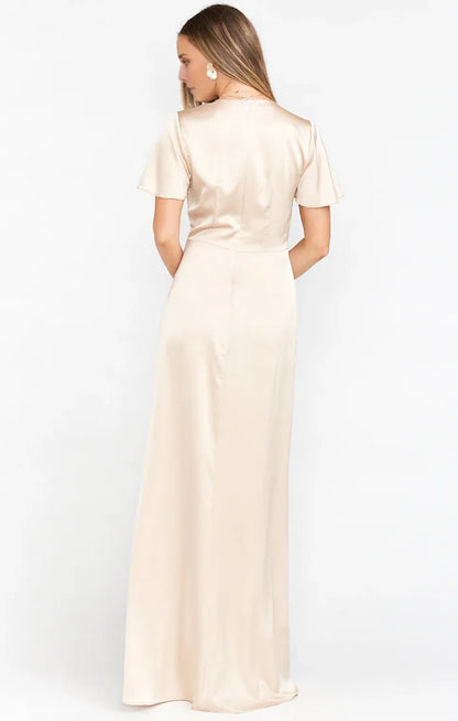 Dress V Neck Sage Short Sleeve Maxi Dress Column Satin Solid Color Full Coverage Simple Prom Dress