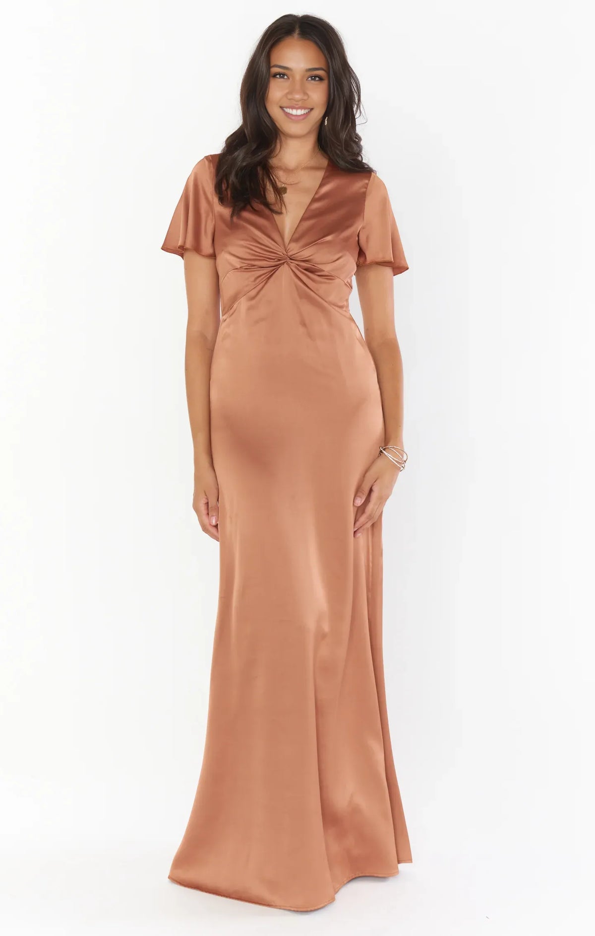 Dress V Neck Sage Short Sleeve Maxi Dress Column Satin Solid Color Full Coverage Simple Prom Dress
