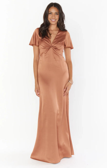 Dress V Neck Sage Short Sleeve Maxi Dress Column Satin Solid Color Full Coverage Simple Prom Dress