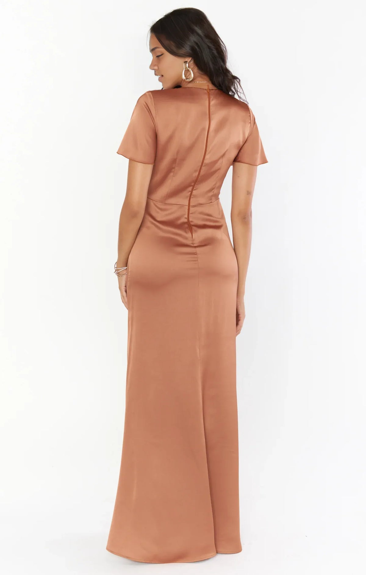 Dress V Neck Sage Short Sleeve Maxi Dress Column Satin Solid Color Full Coverage Simple Prom Dress