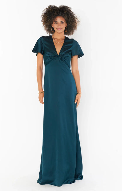 Dress V Neck Sage Short Sleeve Maxi Dress Column Satin Solid Color Full Coverage Simple Prom Dress