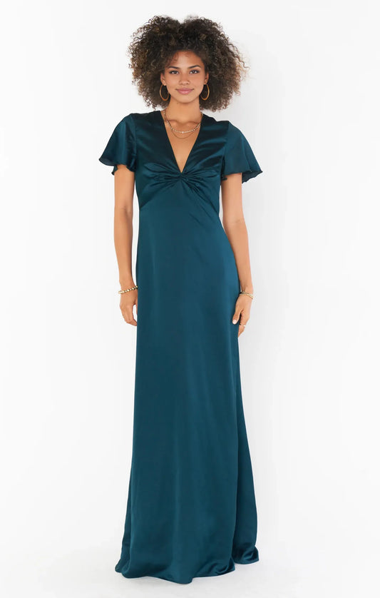 Dress V Neck Sage Short Sleeve Maxi Dress Column Satin Solid Color Full Coverage Simple Prom Dress