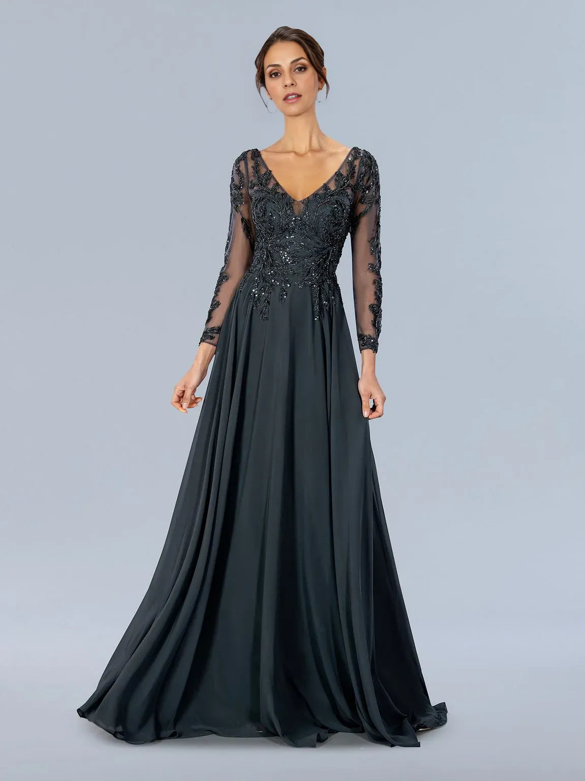 Dress V Neck Formal Lace Up Prom Dress Long Sleeves Floor Length A-line Mother of the Bride Dress