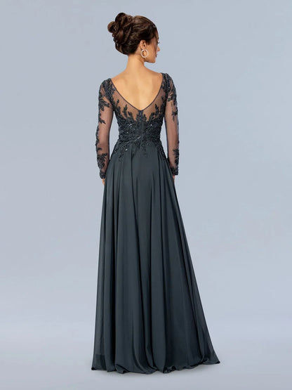 Dress V Neck Formal Lace Up Prom Dress Long Sleeves Floor Length A-line Mother of the Bride Dress