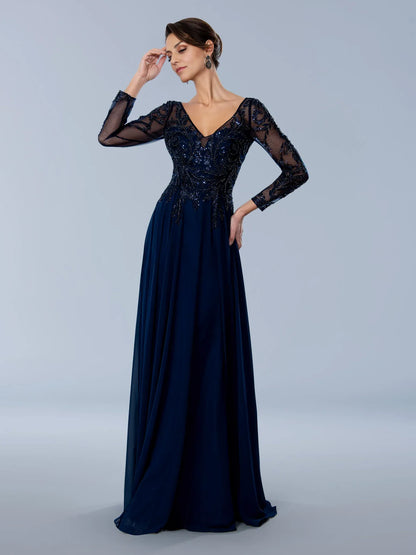 Dress V Neck Formal Lace Up Prom Dress Long Sleeves Floor Length A-line Mother of the Bride Dress