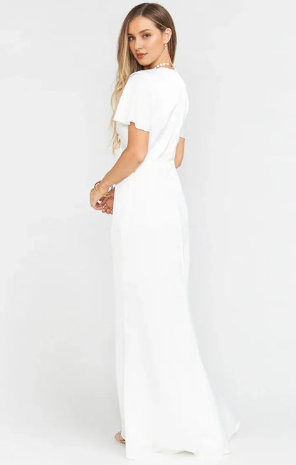 Dress V Neck Sage Short Sleeve Maxi Dress Column Satin Solid Color Full Coverage Simple Prom Dress