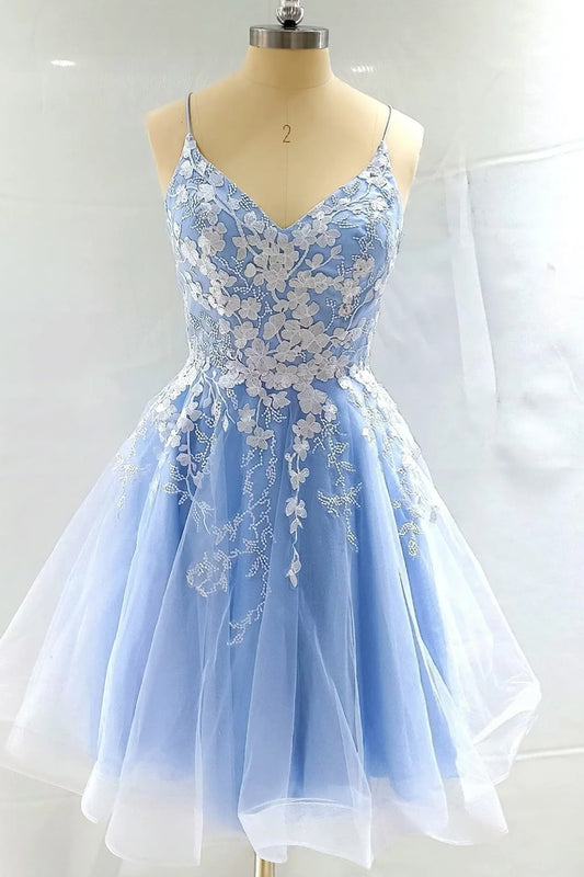 Dress V Neck Light Blue Appliques A-line Short Dress Sleeveless Knee Length Homecoming Dress