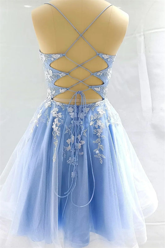 Dress V Neck Light Blue Appliques A-line Short Dress Sleeveless Knee Length Homecoming Dress