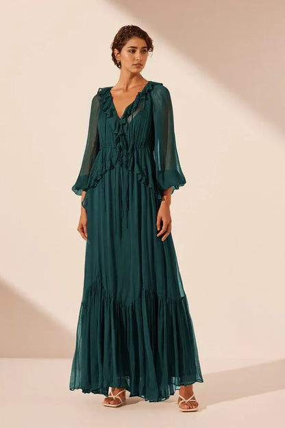 Dress V Neck Long Sleeves Ankle Length Ruffle Maxi Dress Dark Teal Party Dress Evening Dress