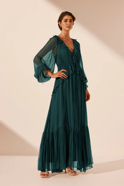 Dress V Neck Long Sleeves Ankle Length Ruffle Maxi Dress Dark Teal Party Dress Evening Dress