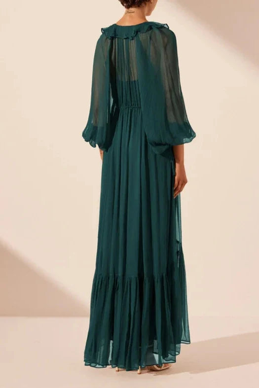 Dress V Neck Long Sleeves Ankle Length Ruffle Maxi Dress Dark Teal Party Dress Evening Dress