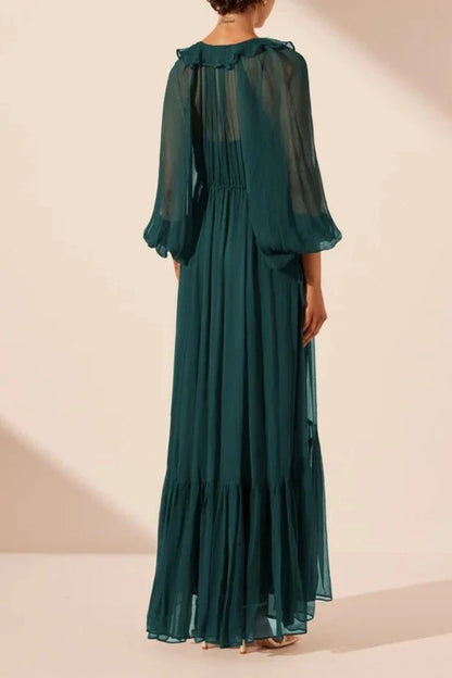 Dress V Neck Long Sleeves Ankle Length Ruffle Maxi Dress Dark Teal Party Dress Evening Dress