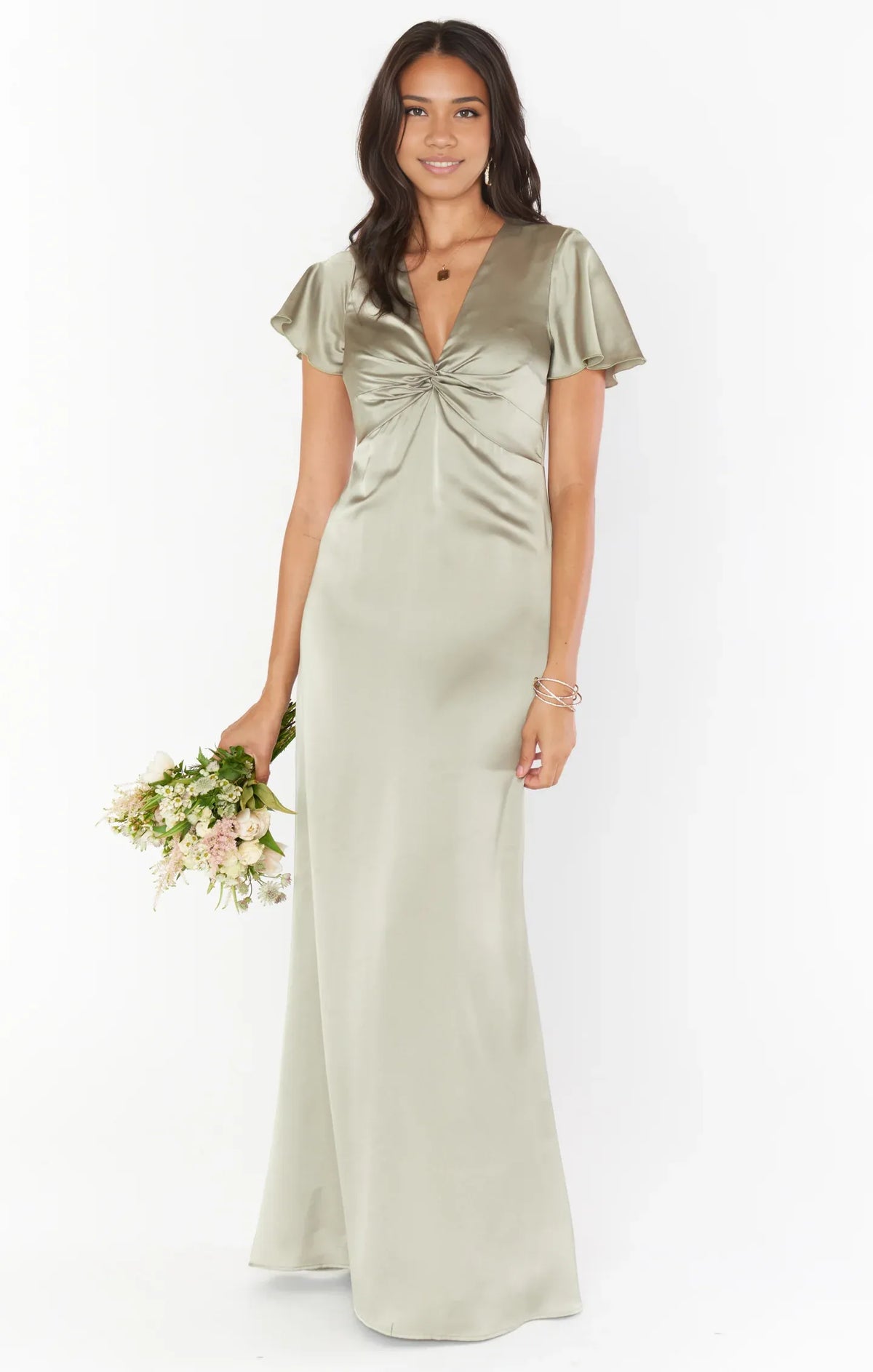 Dress V Neck Sage Short Sleeve Maxi Dress Column Satin Solid Color Full Coverage Simple Prom Dress