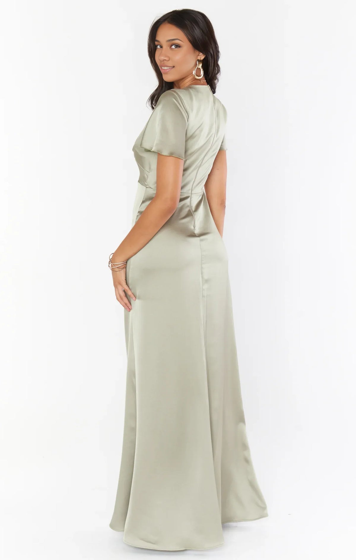 Dress V Neck Sage Short Sleeve Maxi Dress Column Satin Solid Color Full Coverage Simple Prom Dress