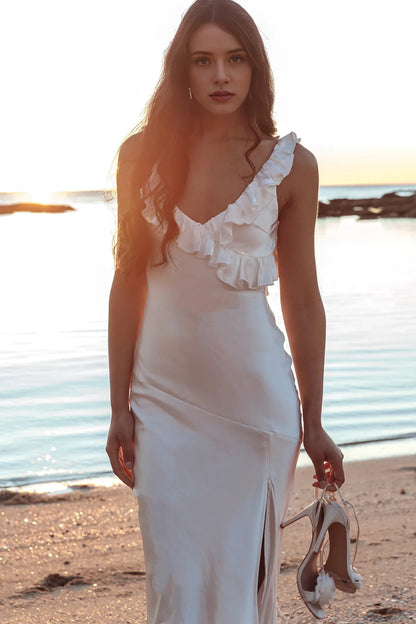 Dress V Neck Satin Dress Ankle-Length Simple Sheath/Column Ruffle Backless Prom Dress