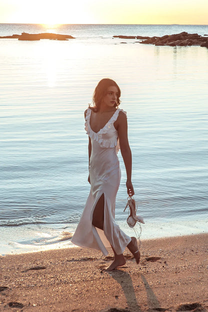 Dress V Neck Satin Dress Ankle-Length Simple Sheath/Column Ruffle Backless Prom Dress