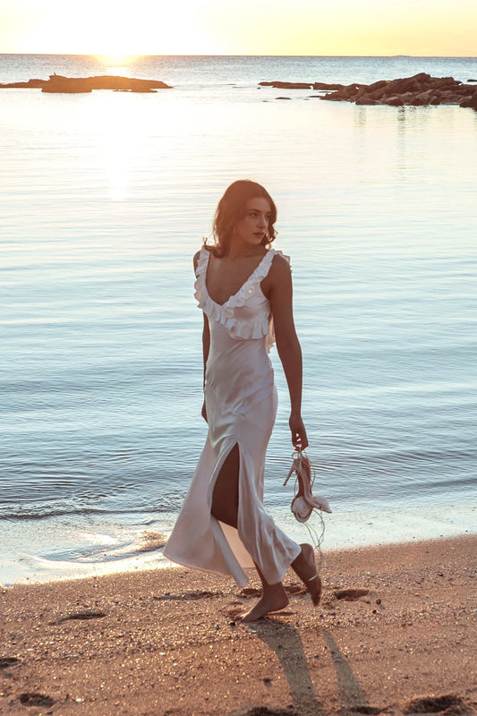 Dress V Neck Satin Dress Ankle-Length Simple Sheath/Column Ruffle Backless Prom Dress