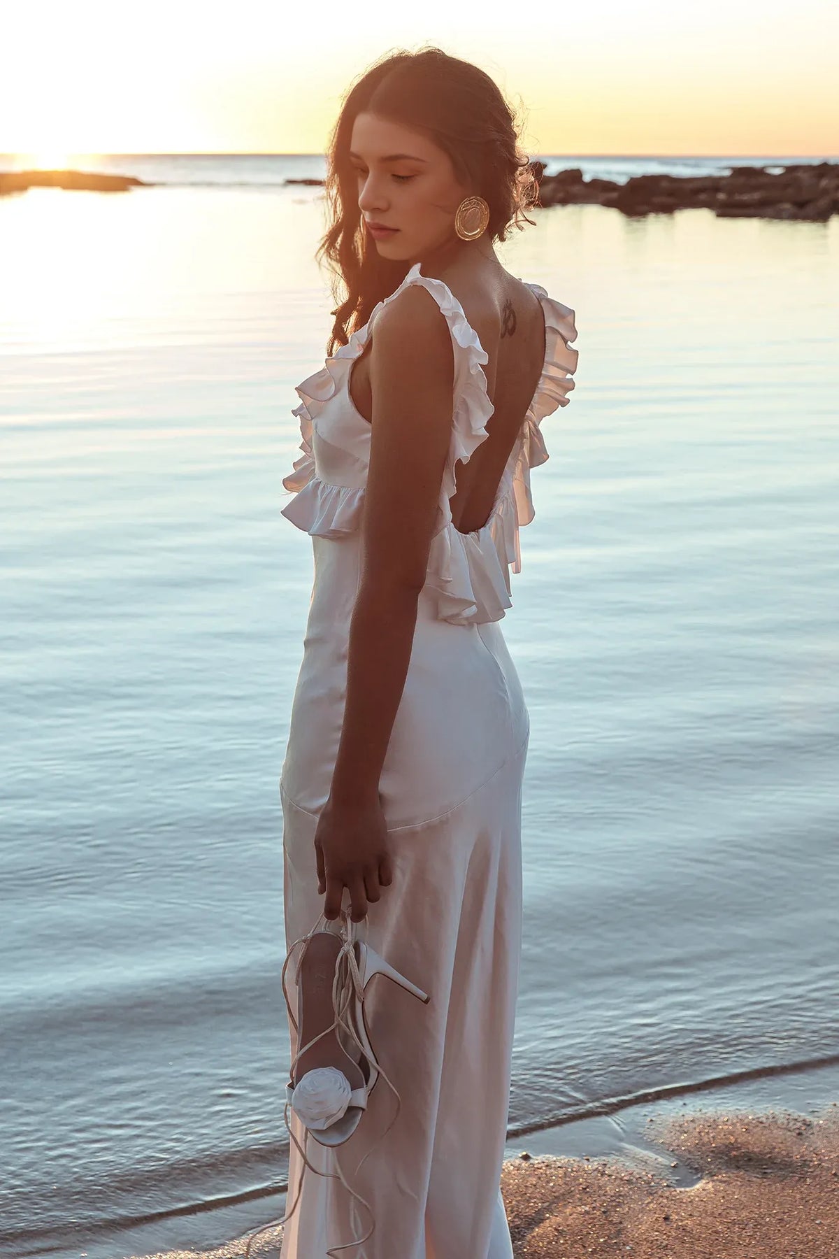 Dress V Neck Satin Dress Ankle-Length Simple Sheath/Column Ruffle Backless Prom Dress