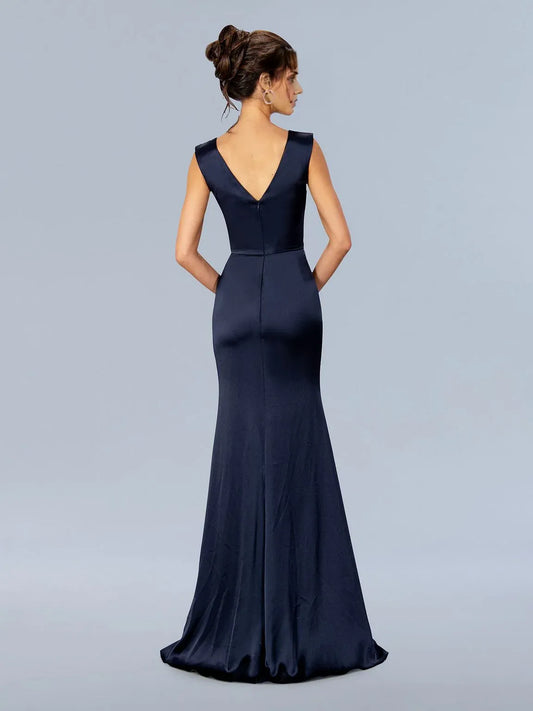 Dress V Neck V Back Sleeveless Mermaid/Trumpet Mother of the Bride Dress Navy Floor Length Prom Dress