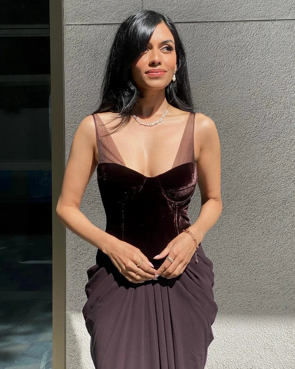 Dress Velvet Bustier Draped Maxi Dress Brown Sleeveless Regular Straps Mermaid/Trumpet Prom Dress