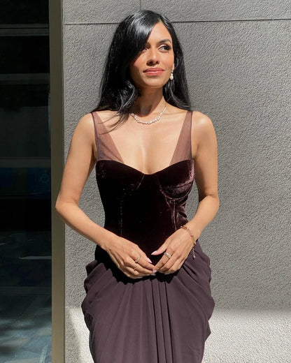 Dress Velvet Bustier Draped Maxi Dress Brown Sleeveless Regular Straps Mermaid/Trumpet Prom Dress
