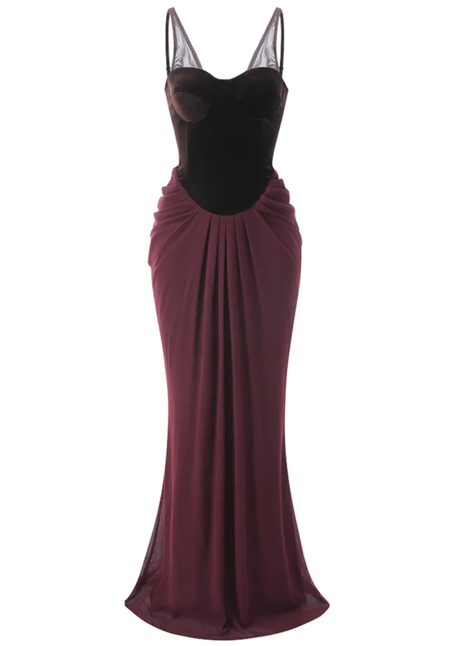 Dress Velvet Bustier Draped Maxi Dress Brown Sleeveless Regular Straps Mermaid/Trumpet Prom Dress