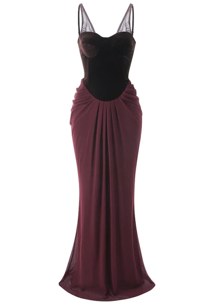 Dress Velvet Bustier Draped Maxi Dress Brown Sleeveless Regular Straps Mermaid/Trumpet Prom Dress