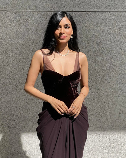 Dress Velvet Bustier Draped Maxi Dress Brown Sleeveless Regular Straps Mermaid/Trumpet Prom Dress