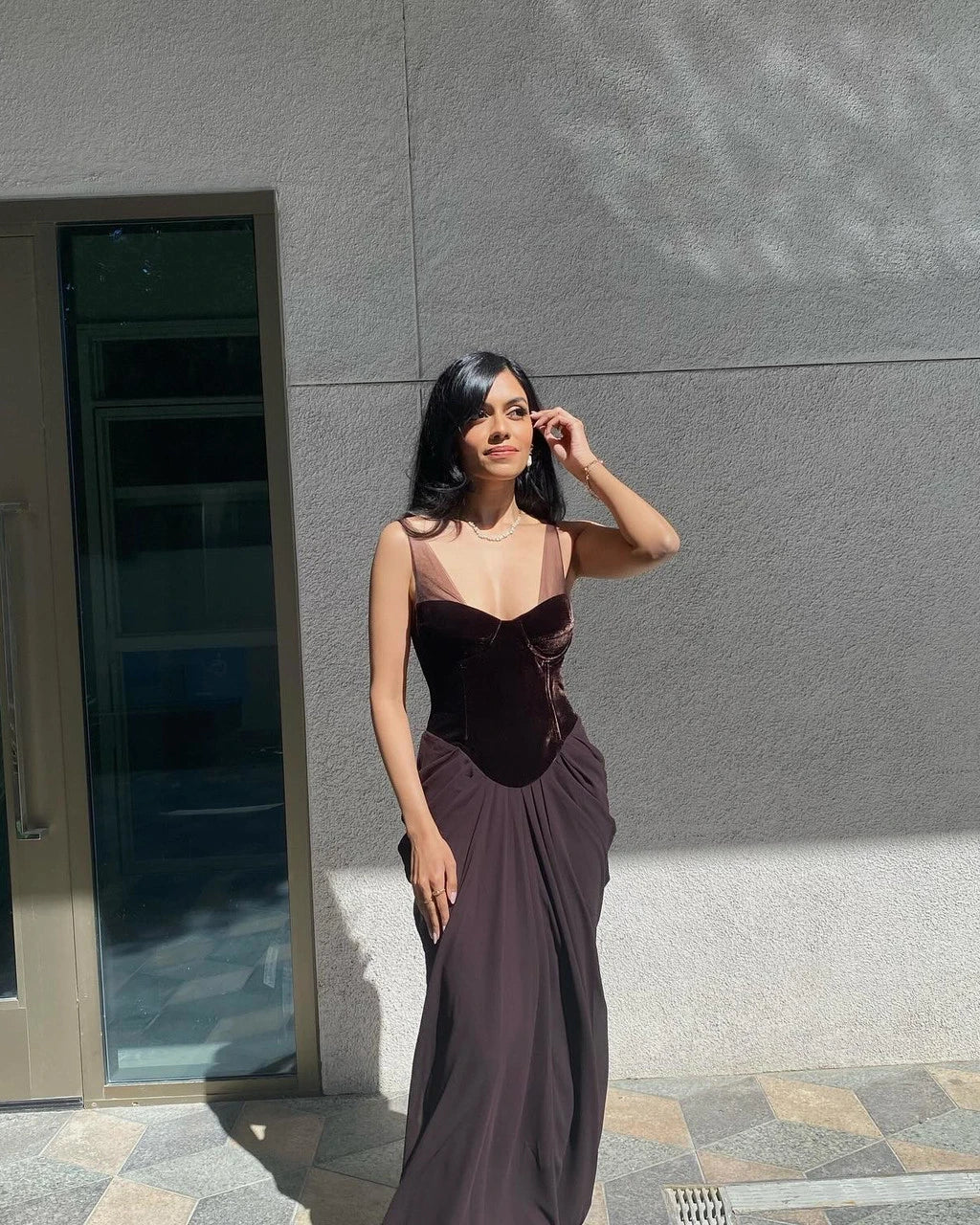 Dress Velvet Bustier Draped Maxi Dress Brown Sleeveless Regular Straps Mermaid/Trumpet Prom Dress