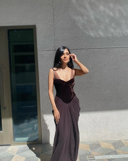 Dress Velvet Bustier Draped Maxi Dress Brown Sleeveless Regular Straps Mermaid/Trumpet Prom Dress