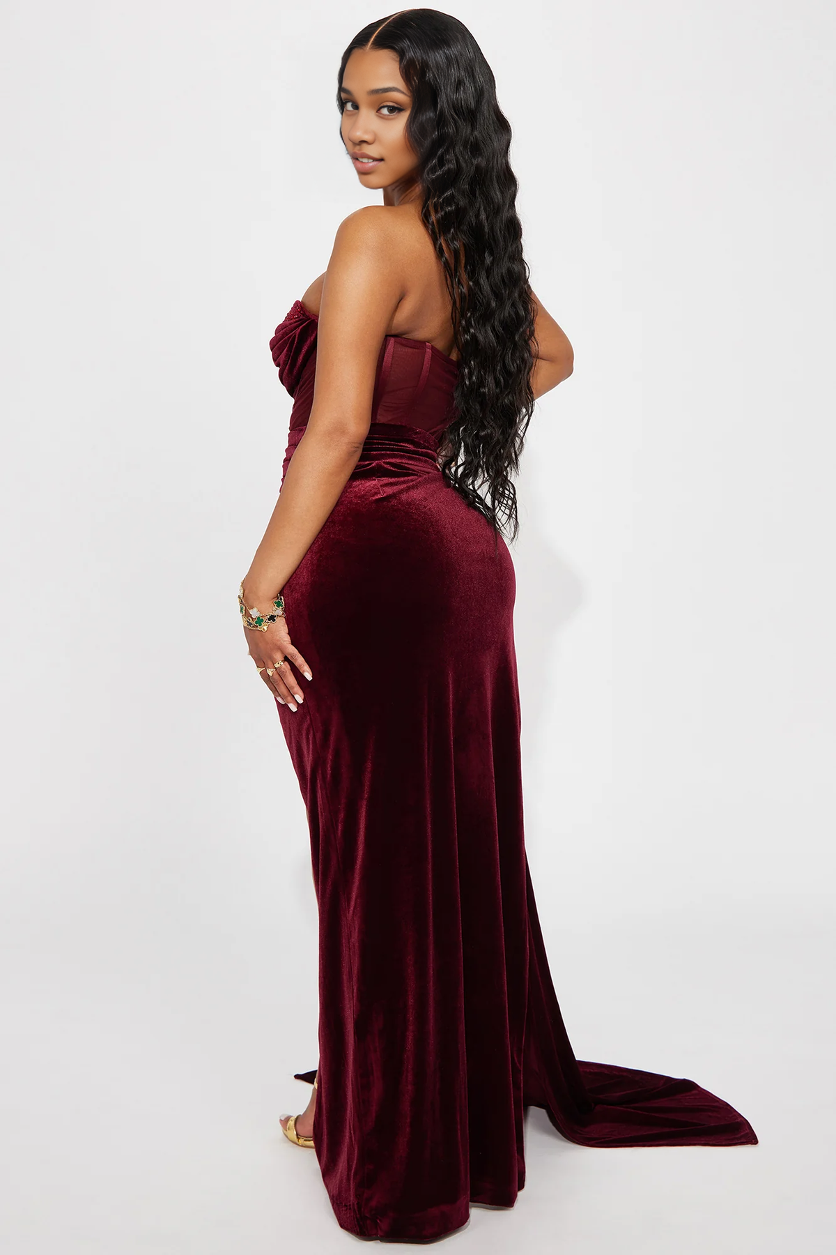 Dress Velvet Gown Party Dress Wine Off-the-Shoulder Sleeveless With Hight Slit Floor Length