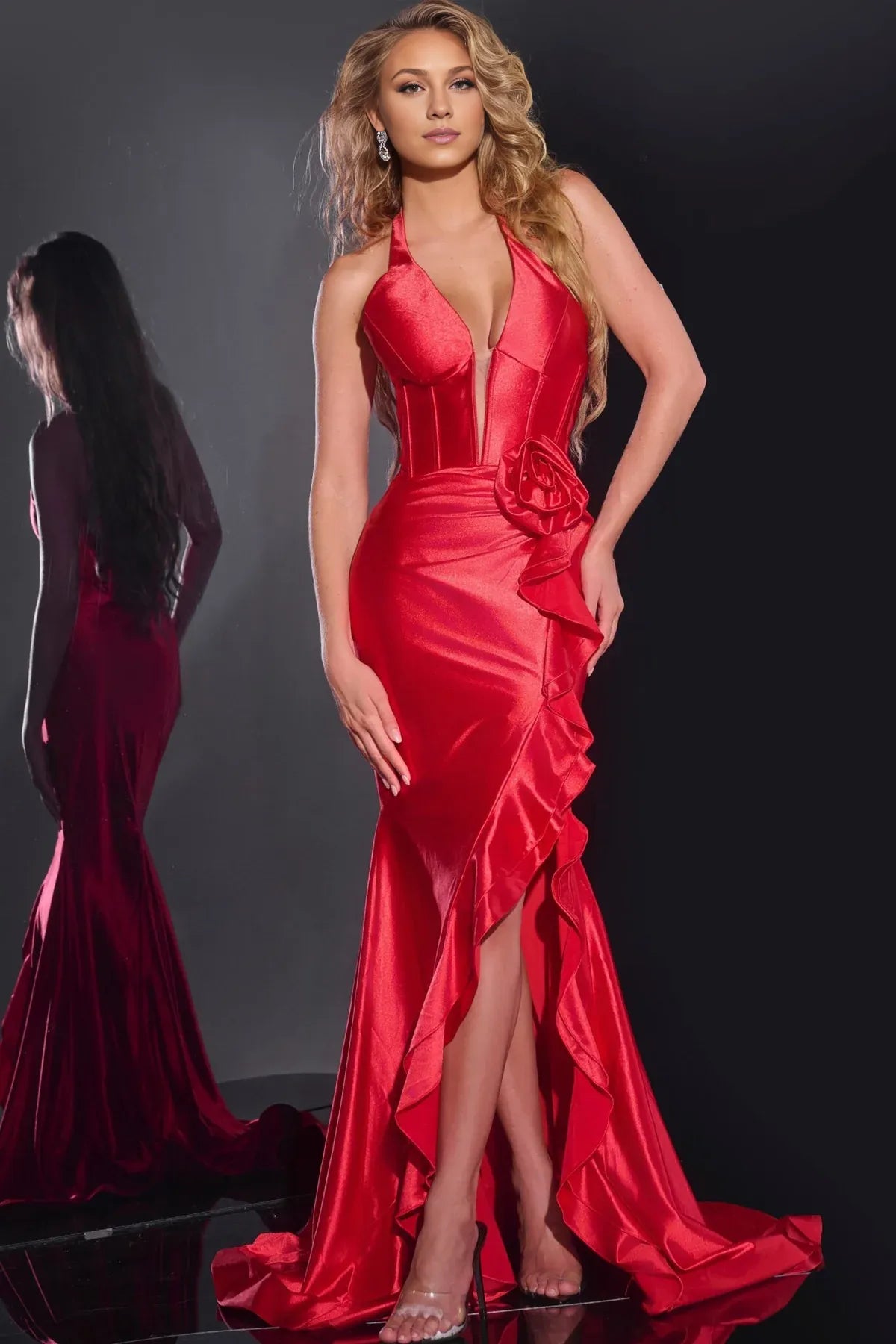 Dress Vibrant Red Satin Glamour Halter Silhouette Deep V Bodice Ruffled And A Dramatic High Slit Prom Dress