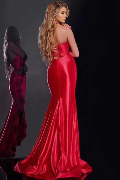 Dress Vibrant Red Satin Glamour Halter Silhouette Deep V Bodice Ruffled And A Dramatic High Slit Prom Dress