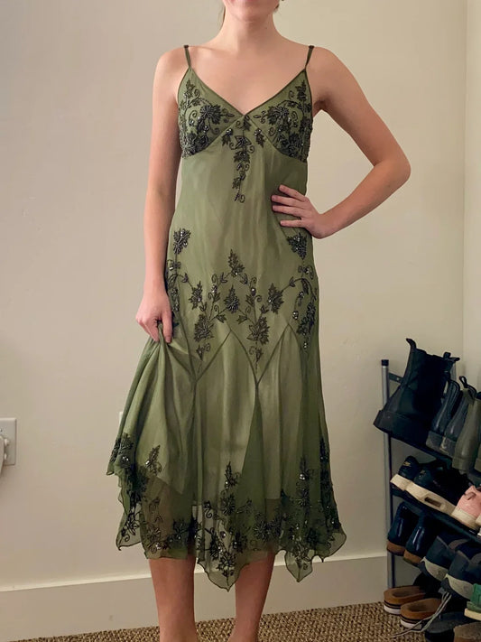 Dress Vintage 90s Spaghetti Straps Green Beaded Midi Dress Prom Dress